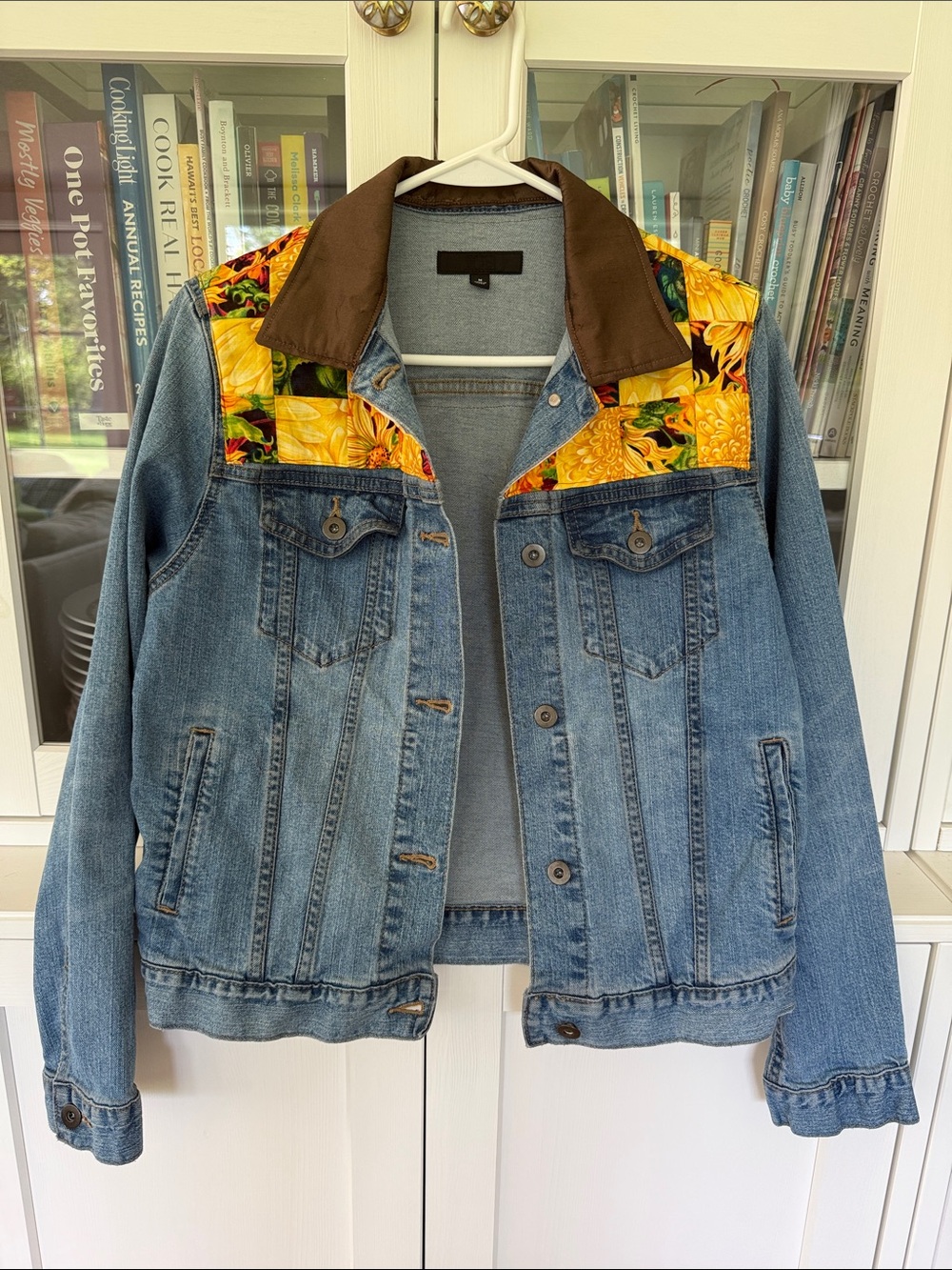 Uniqlo Upcycled Blue Denim Jacket with Yellow Floral Sunflower Yoke